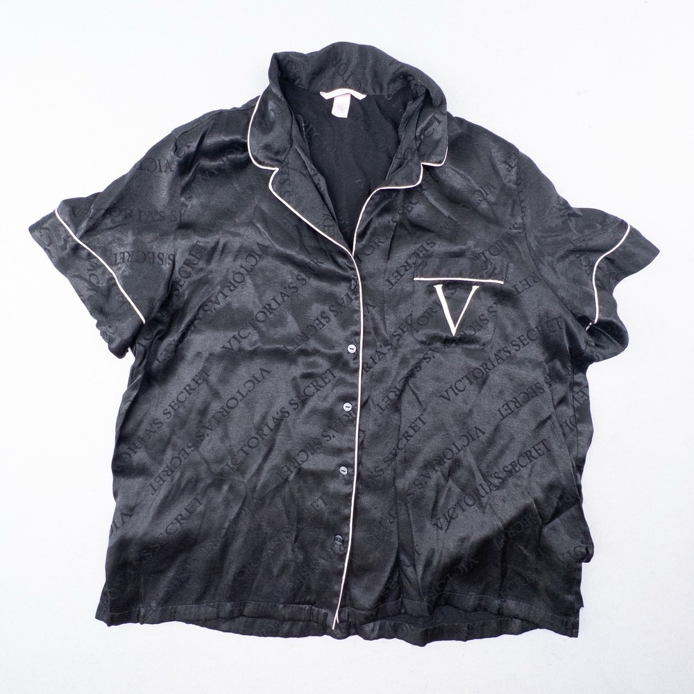 Victorias Secret Black Satin Logo Pajama Top XL Button Up Sleep Shirt 817064-QC5